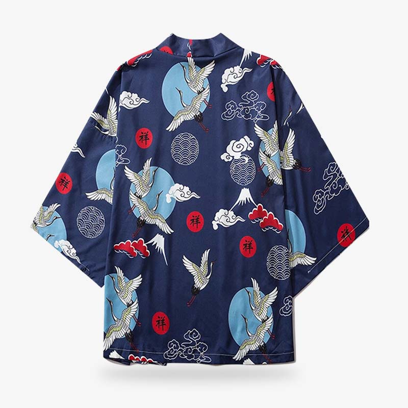 The tsuru kimono features a beautiful Japanese design with a Tsuru crane motif, symbolizing longevity and good fortune