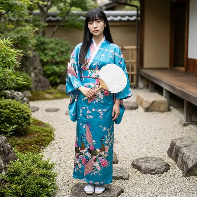 Back view of the turquoise peacock kimono showing its flowing wrap cut and obi-style waist