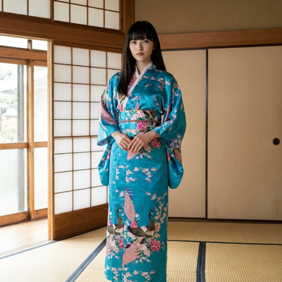 Turquoise kimono dress with peacock-inspired motif and long robe silhouette