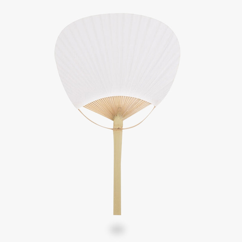 This Japanese accessory is an uchiwa fan. It is a white round Japanese fan with a bamboo base.