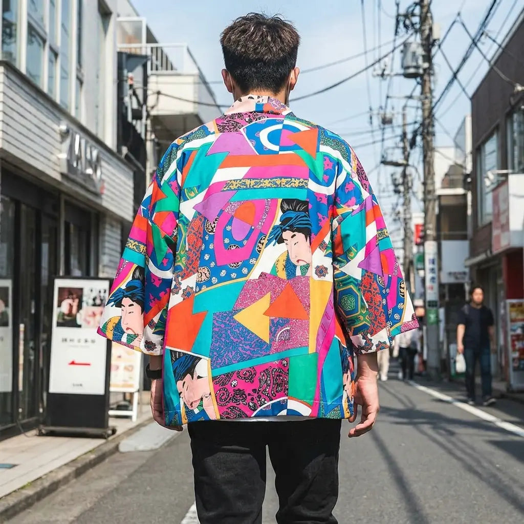 Back view of a ukiyo-e kimono worn in a Harajuku street, showing the full print