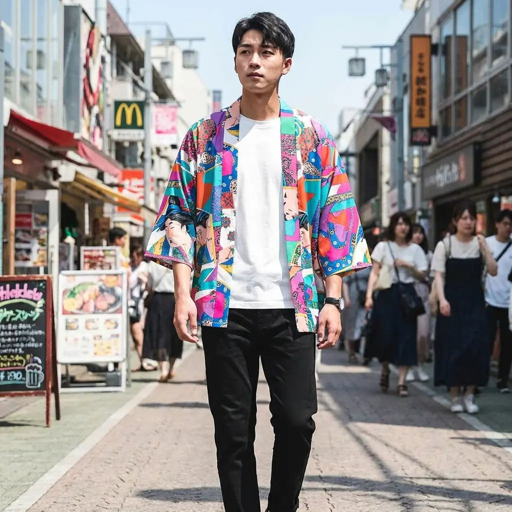 Man wearing a ukiyo-e kimono in a Harajuku street in Tokyo, front view
