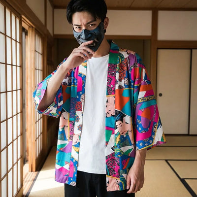 Man wearing a ukiyo-e kimono in a Japanese washitsu room with shoji screens, waist-up front view