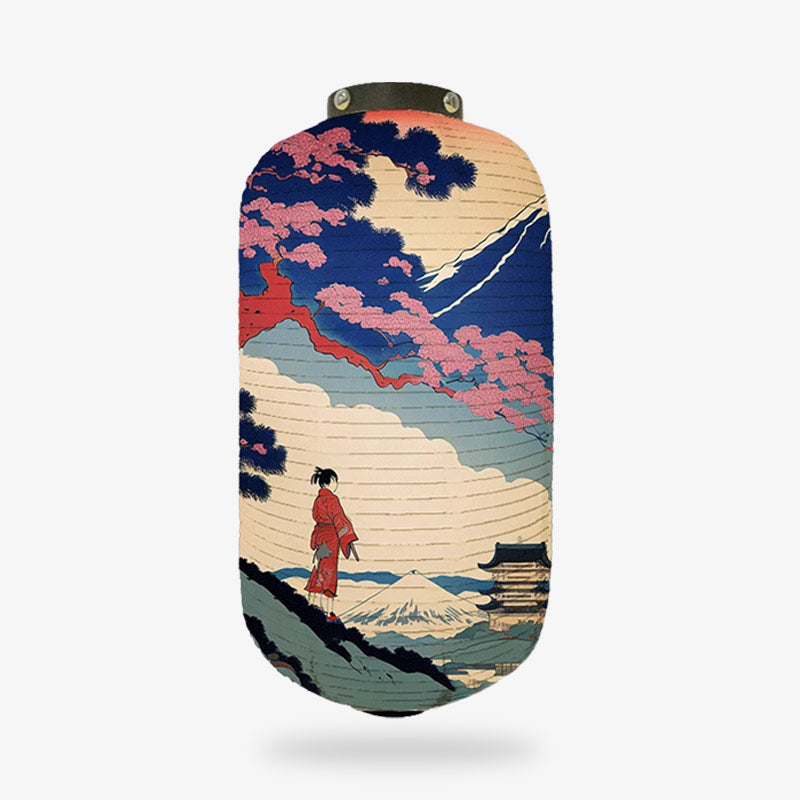 a japanese ukiyo-e-lantern representing Japanese landscape design featuring a person in a kimono and cherry blossom sakura.