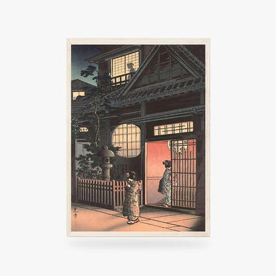 This Japanese ukiyo-e prints is a tribute to the floating world. The poster is set in a wooden frame and on a wooden piece of furniture for a minimalist Japanese decor.