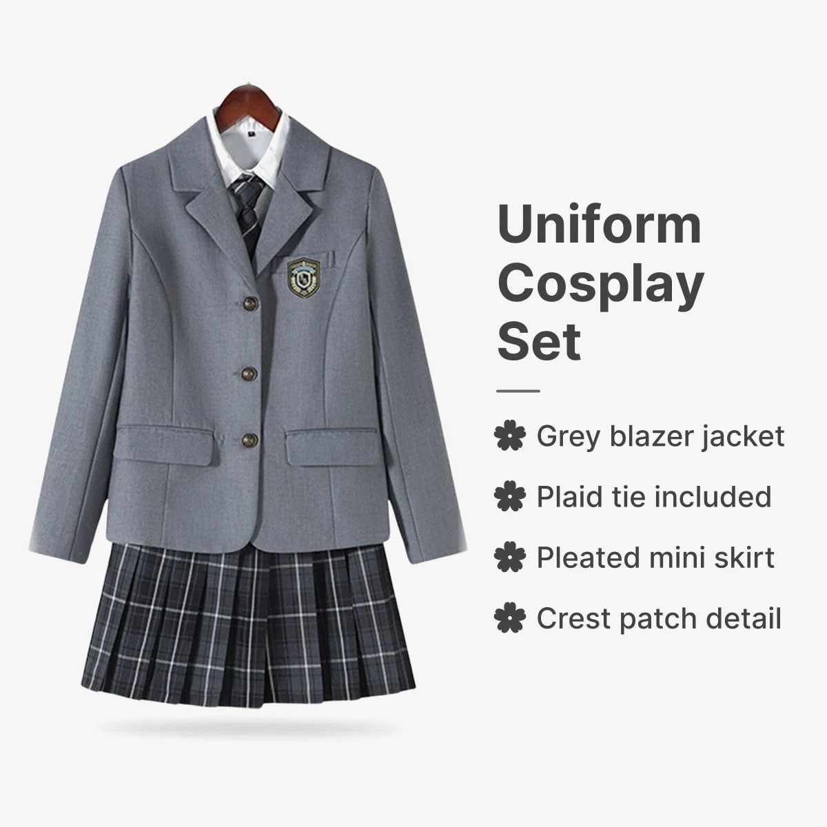 Japanese Uniform Cosplay : Grey blazer jacket, Plaid tie included, Pleated mini skirt, Crest patch detail