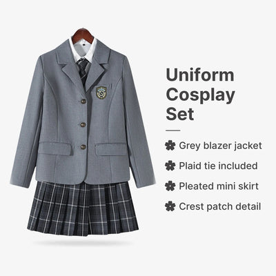 Japanese Uniform Cosplay : Grey blazer jacket, Plaid tie included, Pleated mini skirt, Crest patch detail
