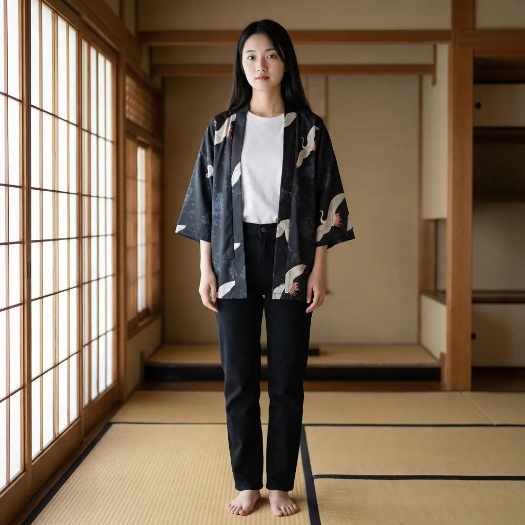 Woman wearing a japanese kimono jacket men in a washitsu room with tatami and shoji screens