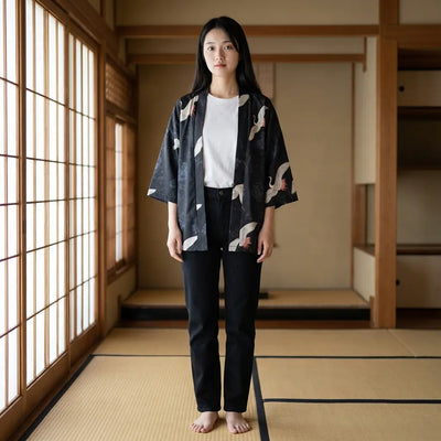 Woman wearing a japanese kimono jacket men in a washitsu room with tatami and shoji screens