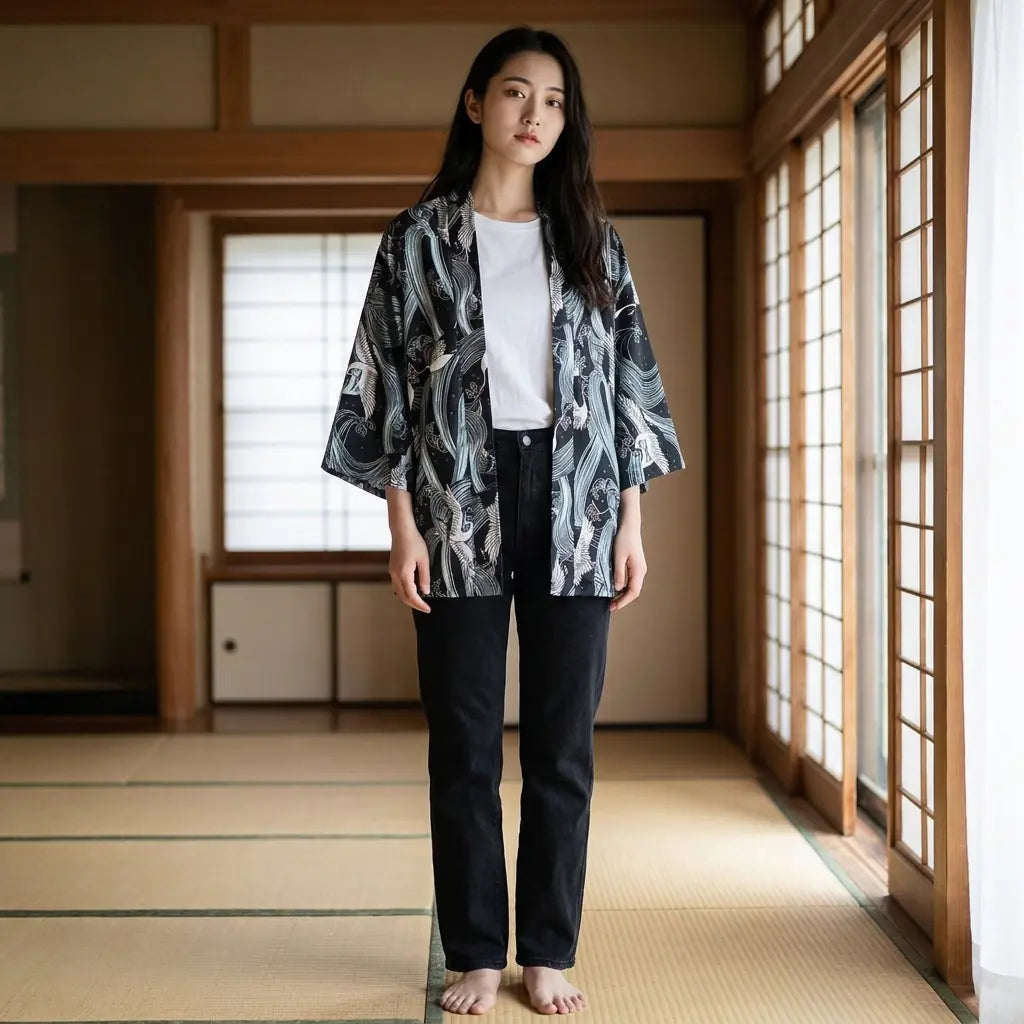 Woman wearing a kimono style mens jacket in a washitsu room with tatami and shoji screens