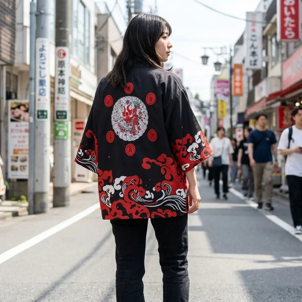 Woman seen from behind wearing a haori black in a Harajuku street