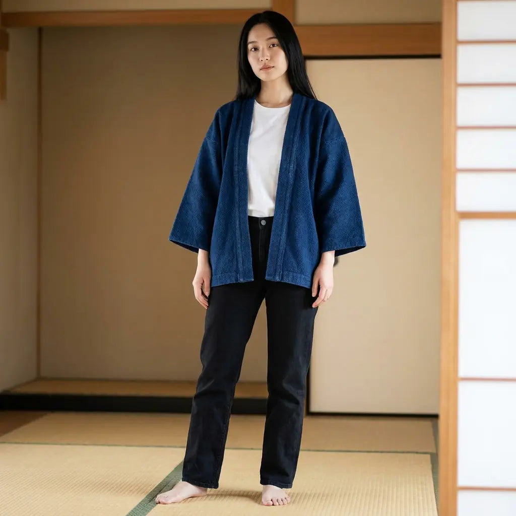Woman wearing a vintage haori jacket in a washitsu room with tatami and shoji screens