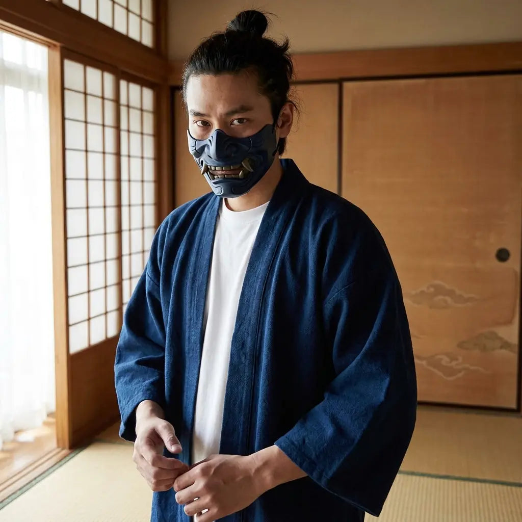 Man wearing a vintage haori jacket in a Japanese washitsu room with shoji screens, waist-up front view