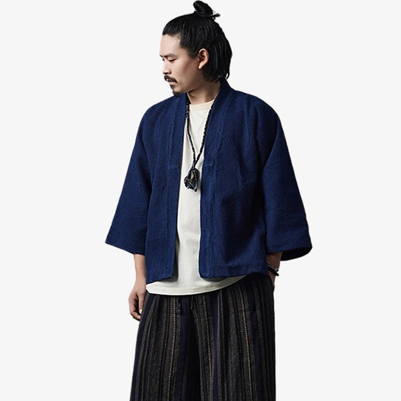 Vintage kimono jacket with a simple indigo design, perfect for those who appreciate classic Japanese minimalism