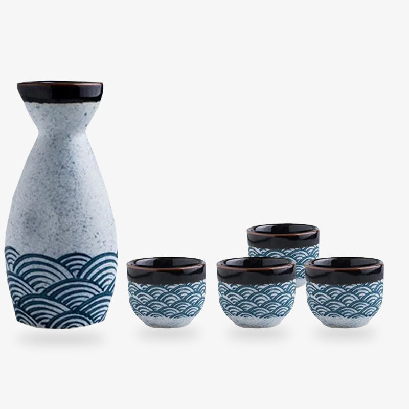 Vintage sake set with classic Japanese style, ideal for collectors and lovers of traditional Japanese drinkware. Japanese sake set made with ceramic and seigaiha pattern