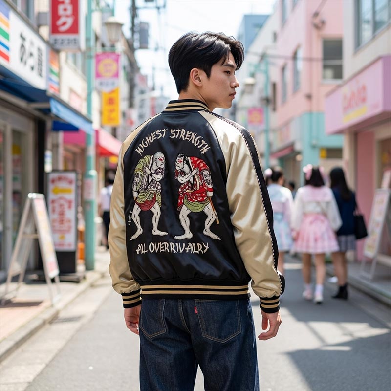 Person wearing a black and beige vintage sukajan jacket for men with graphic Ukiyo-e designs and text on a Harajuku street.