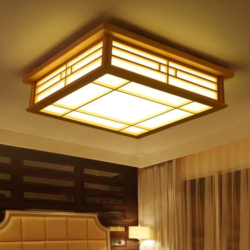 A walnut ceiling lamp japanese lamp fixture in a Japandi room with warm lighting