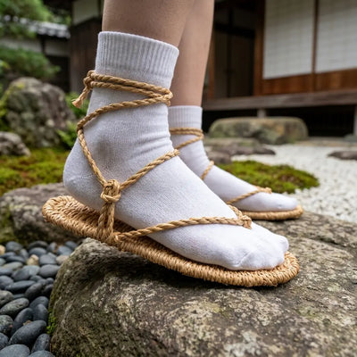 Top-down close-up of hand-woven straw waraji sandals with rope lacing