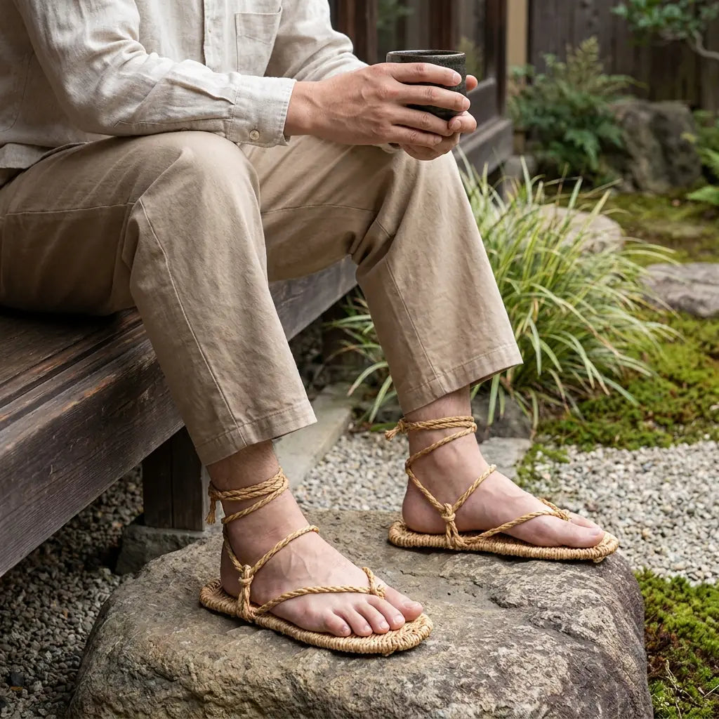 Waraji Sandals worn with white tabi socks by a seated man in a Japanese garden