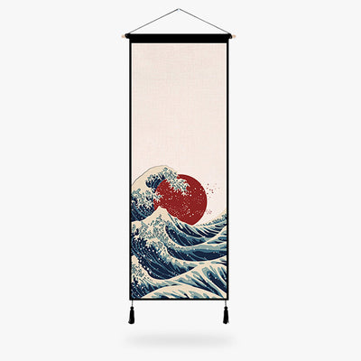 This kakemono wave of kanagawa print ainting on a roll. The motif of the great wave of Kanagawa is printed on the canvas.