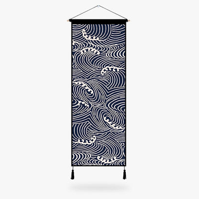 This wave print japanese is a canvas with a wooden support kakemono