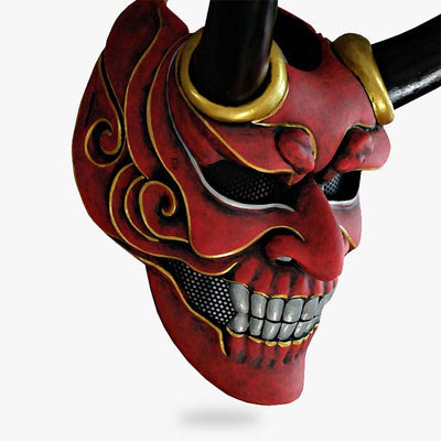 What are the red japanese demon masks called? It's Oni mask... The red Japanese mask is made of ice fiber. It's an Oni mask with horns and teeth. The traditional Japanese mask is made with black horns.