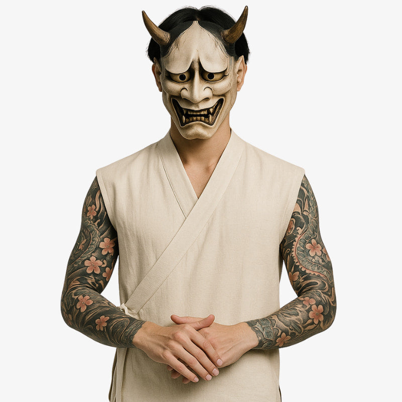 a sleeveness White Japanese style t-shirts featuring minimalist zen style, perfect for an oversize Harajuku-inspired traditional hannya culture mask.