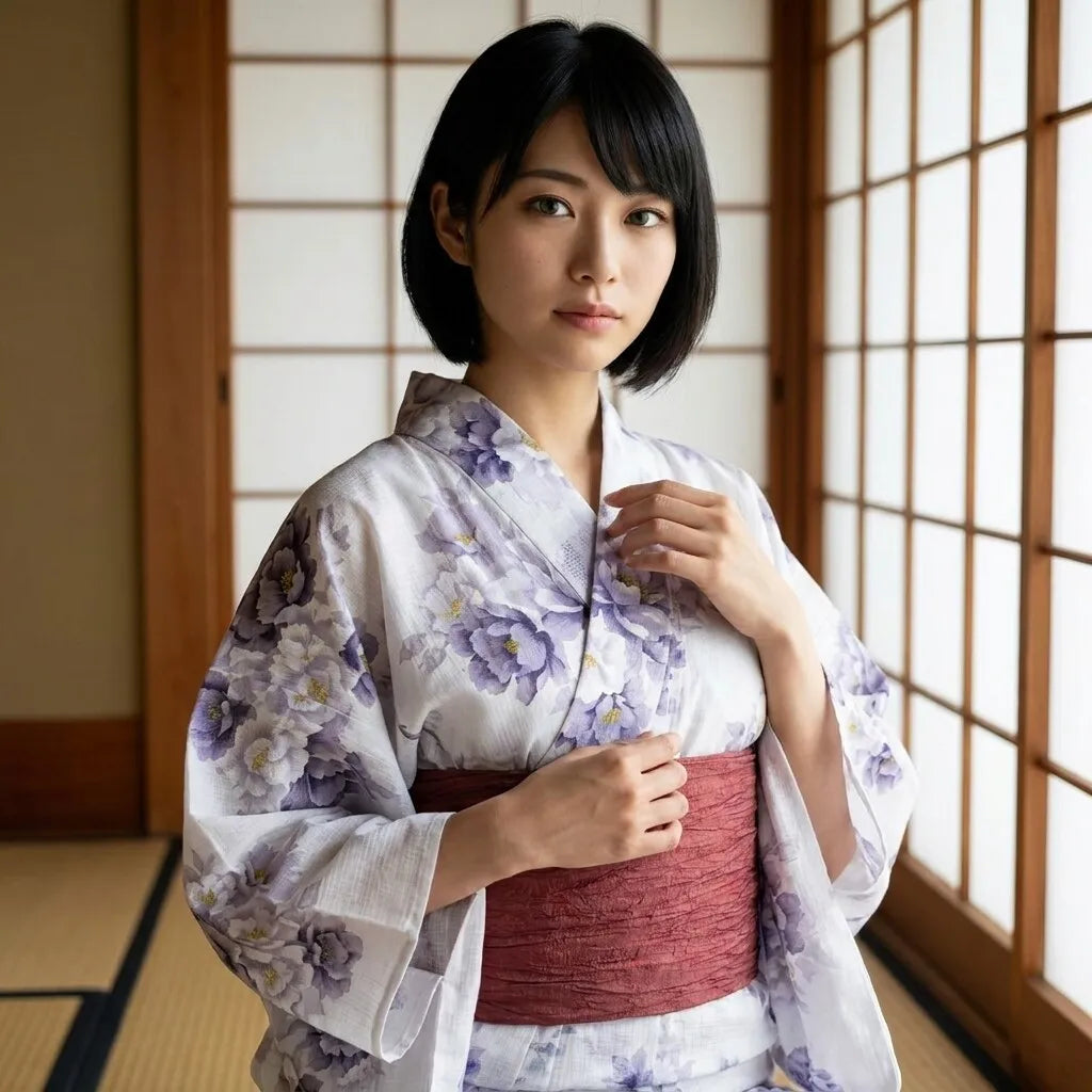 Front view of the white peony kimono dress showing the wrap closure
