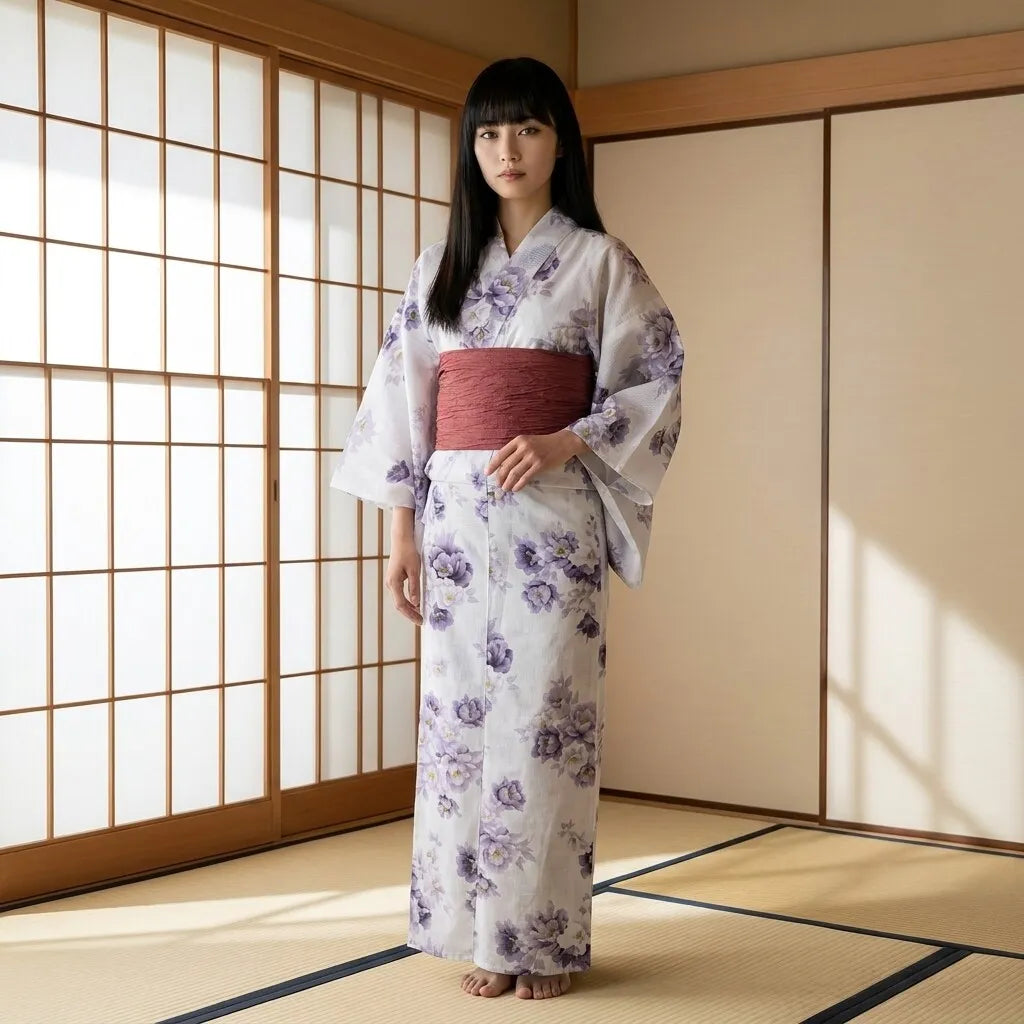 White floral kimono with peony-inspired print worn as a wrap robe