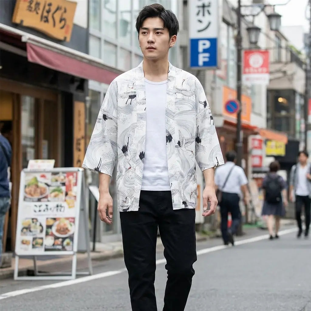 Man wearing a white haori in a Harajuku street in Tokyo, front view