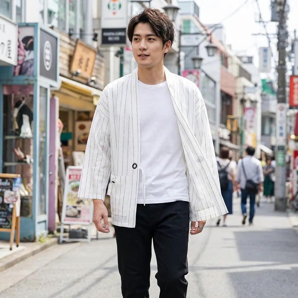 Man wearing a white haori jacket in a Harajuku street in Tokyo, front view