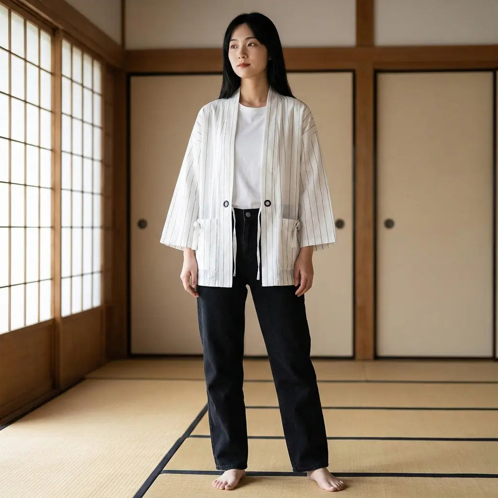Woman wearing a white haori jacket in a washitsu room with tatami and shoji screens
