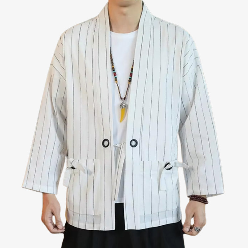a man is dressed with a White haori jacket with minimalist Japanese design, offering a light and timeless outer layer with cultural depth.