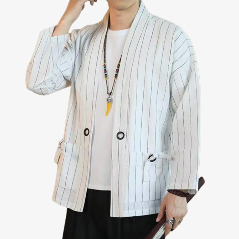 White haori kimono inspired by classic Japanese garments, delivering elegance and simplicity in one flowing piece.