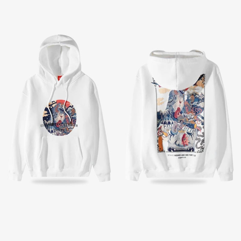 White hoodie Jpaanese with colorful designs on front and back on a white background