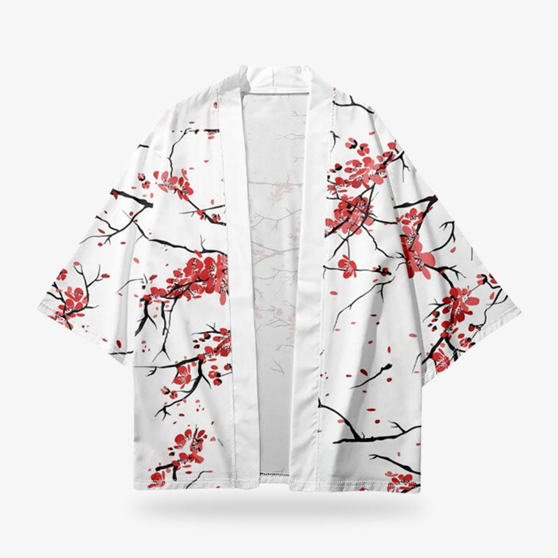 the white jacket floral kimono is printed with red sakura flowers