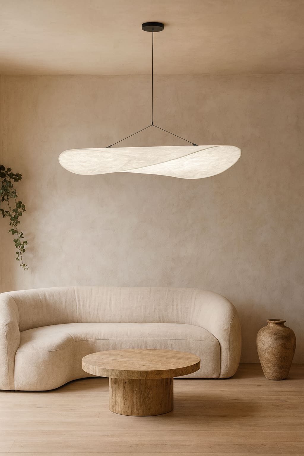 Modern living room with a white japanese paper ceiling lamp pendant, beige sofa, wooden coffee table, and decorative vase.
