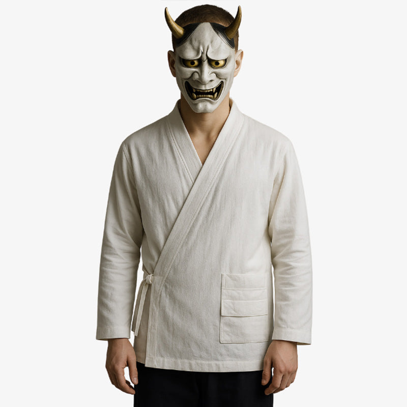 a man is dressed with a White Japanese samue shirt with clean lines and breathable fabric, reflecting traditional monk or artisan attire. He hide his face with traditional japanese mask