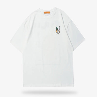a white japanese shirt and a kawaii design for a streetwear style