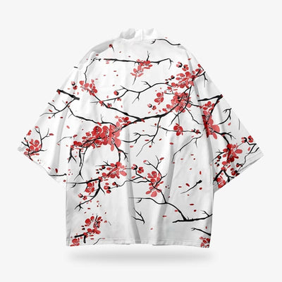 a wthite kimono floral jacket printed with red sakura flowers. Material made with cotton