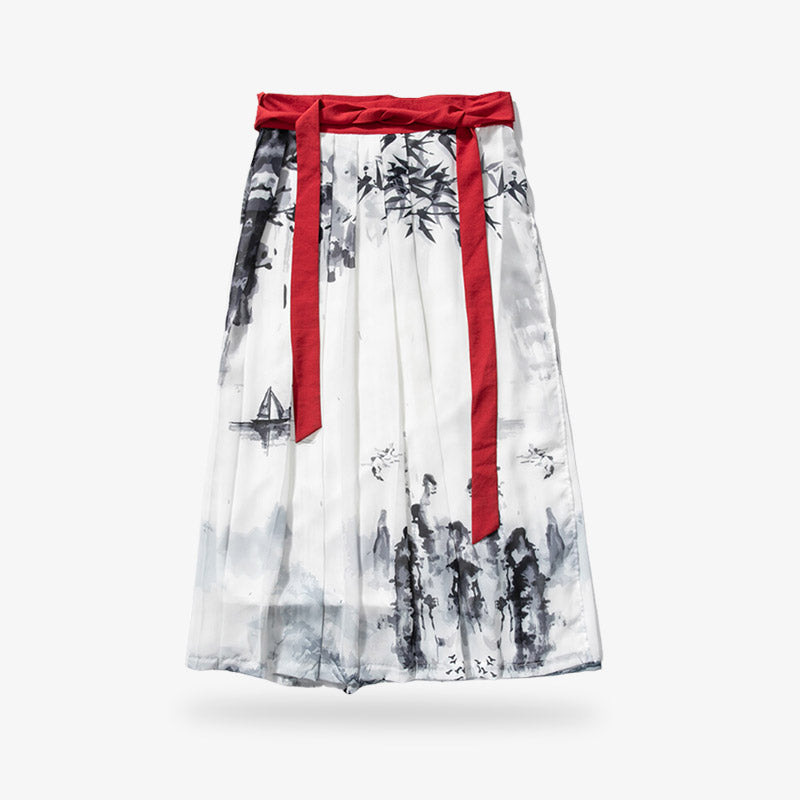 This hakama is a white kimono skirt fastened with a red Japanese Obi belt.