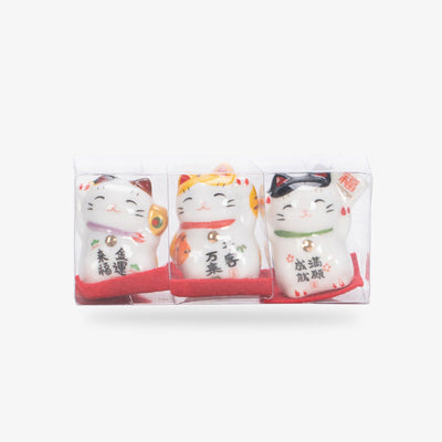 Three white maneki neko figurines hand-painted with Japanese Kanji script. The lucky cats hold up their left paws. They are packaged in a transparent box.
