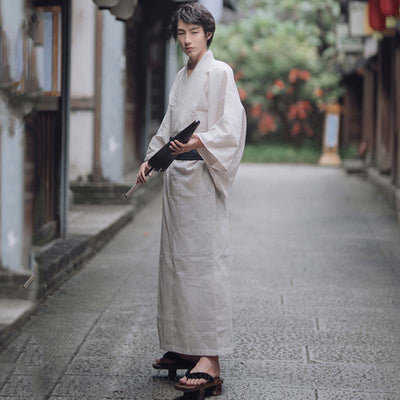Dress in the classic white mens kimono, a blend of timeless elegance and cultural heritage, ideal for those who appreciate traditional Japanese attire. Closed kimono with a samurai obi belt