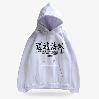 The white oni hoodie has black japanese letters printed on cotton material