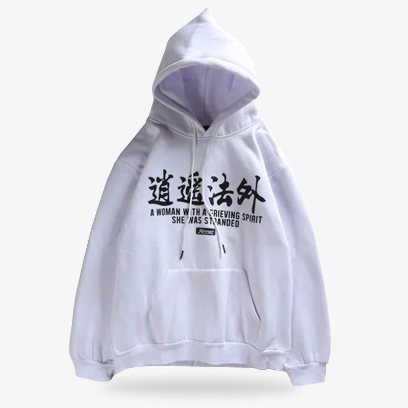 The white oni hoodie has black japanese letters printed on cotton material