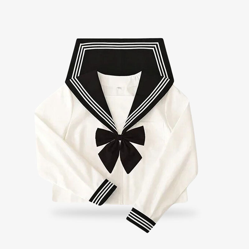 this japanese shirt is a white sailor fuku with a black ribbon and long sleeves