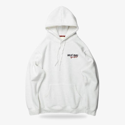 White Tokyo hoodie with a small logo on the chest against abd red Kanji a white background