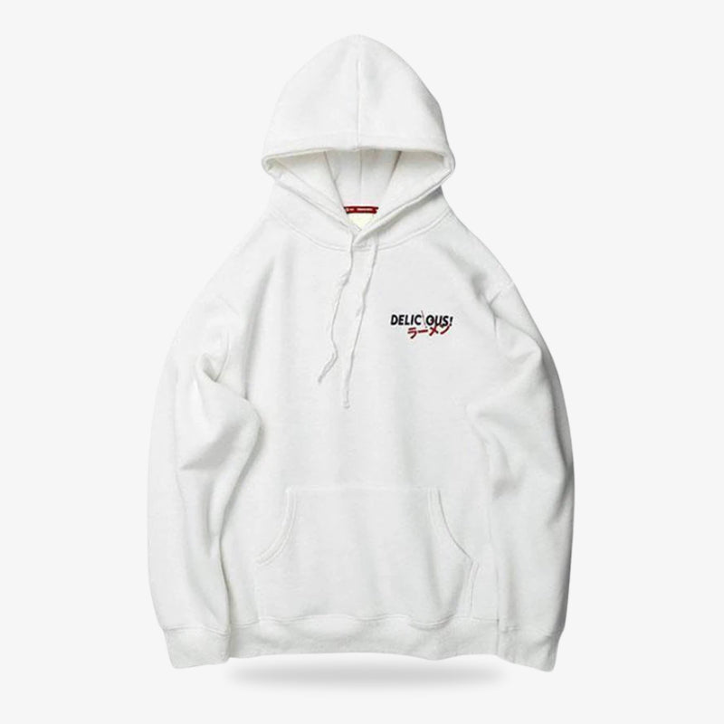 White Tokyo hoodie with a small logo on the chest against abd red Kanji a white background