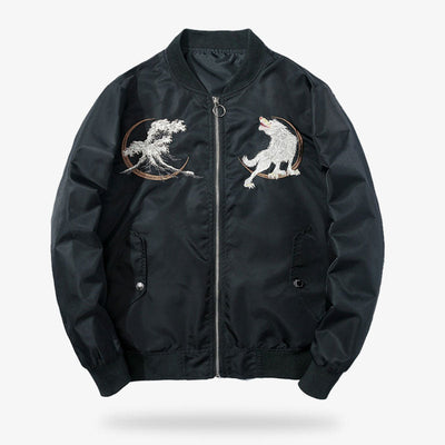 This Men's Japanese Motif Bomber is a black sukajan jacket featuring the kanagawa wave and a wolf god. The Wolf souvenir jacket stands out with its detailed embroidery, merging wildlife art with urban fashion trends