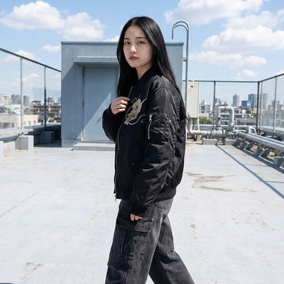 woman wearing a black japanese dragon sukajan jacket with a Tokyo  cityscape in the background